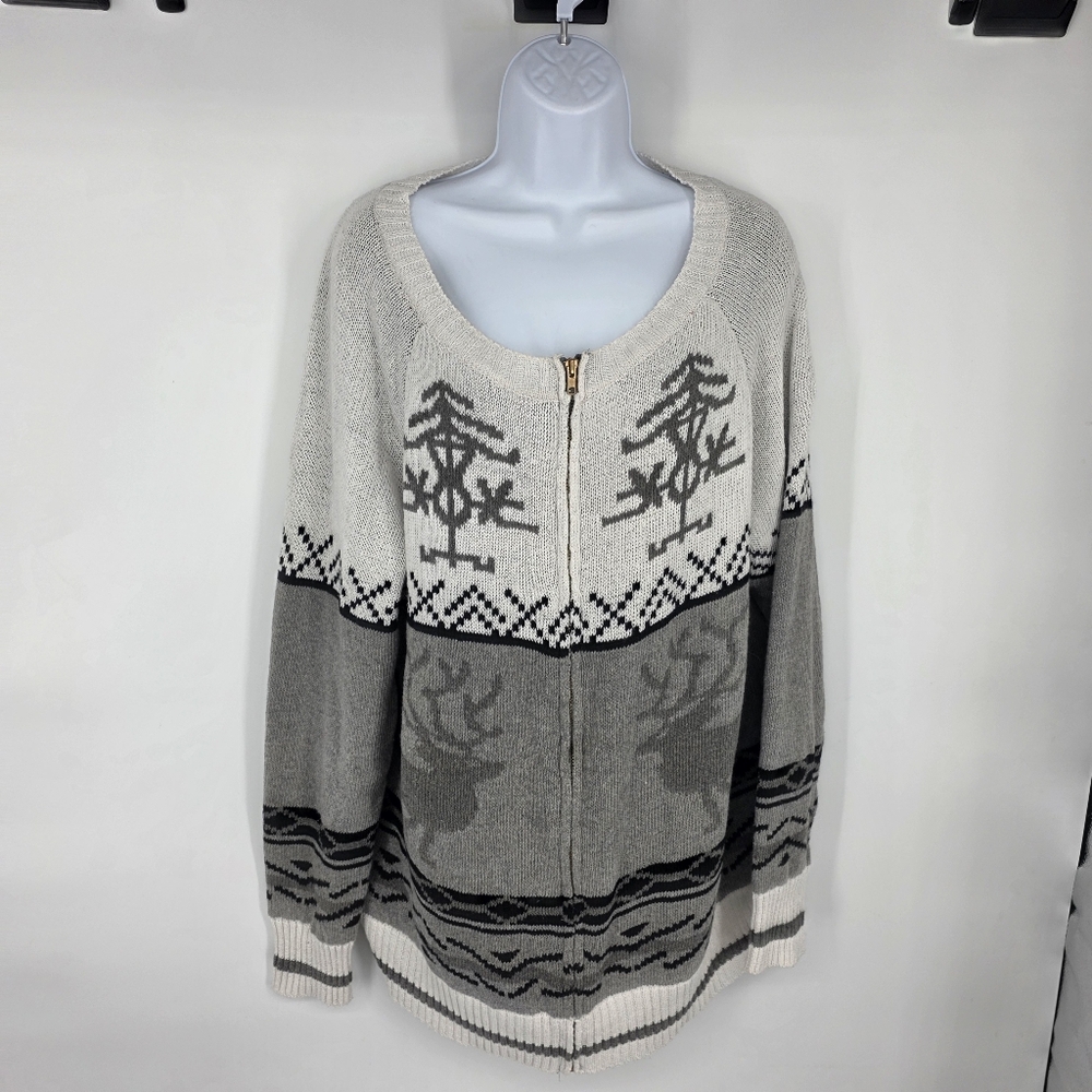 Misslook Fair Isle Reindeer Zip Front Sweater Cardigan 2XL Grey Cream Knit